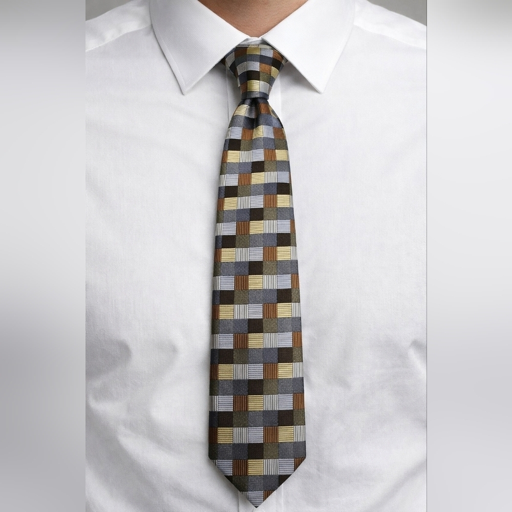 JOHN SPARKS Silver Brown and Yellow Psychedelic Geometric Basketweave Tie